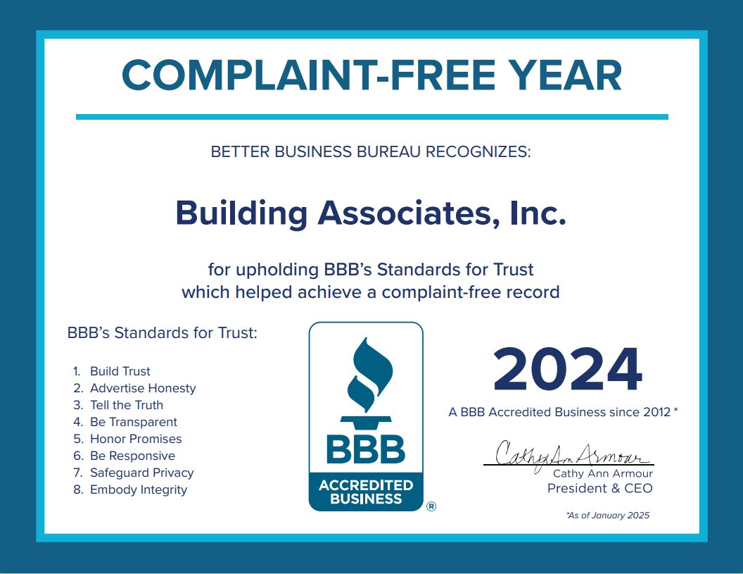 certificate for a complaint-free 2024 awarded to Building Associates, Inc. by Better Business Bureau